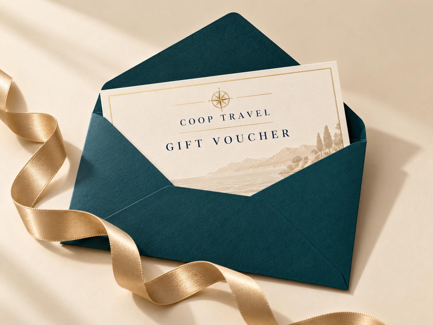 Δωροκουπόνι Coop Travel σε ανοιχτό φάκελο με χρυσή κορδέλα